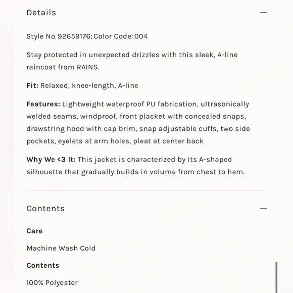 NWT Rains x Free People A-Line Jacket Waterproof Rain Coat Lightweight - Picture 6 of 6